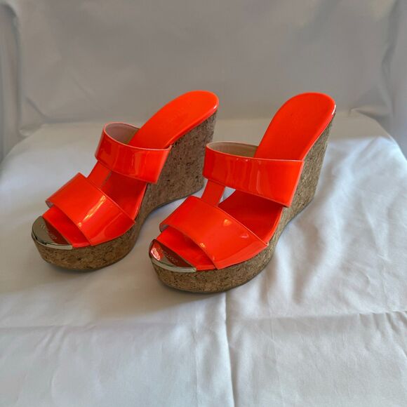 Jimmy Choo Wedged Cork Heel in Orange Patent Leather Size 8.5 - Picture 4 of 7